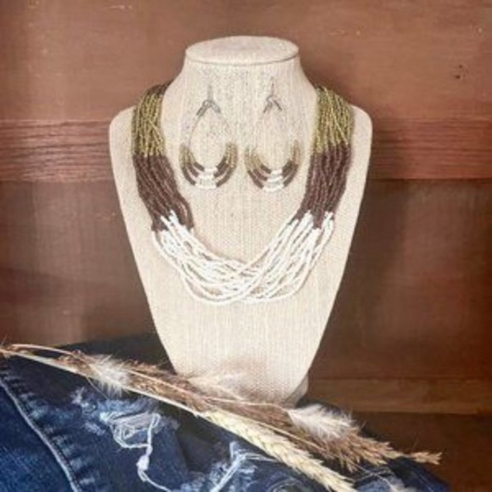 Brown Cream & Gold Multi Strand Seed Beaded Necklace and Earring Set - OS - Picture 2 of 8